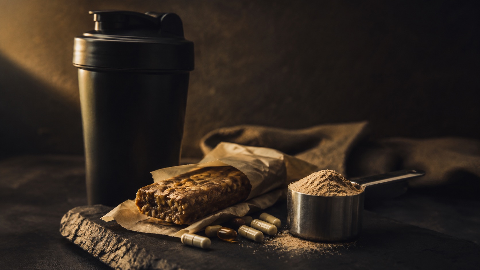 Premium sportnutritie — een shakerfles, eiwitreep en supplementen op donkere leisteen.