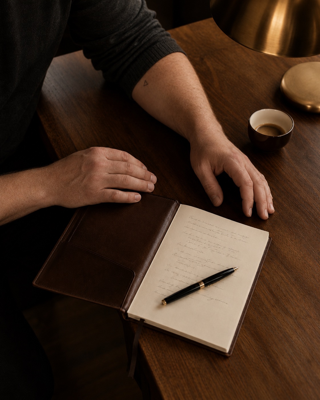 De handen van de oprichter aan een walnoten bureau met leren notitieboek en vulpen