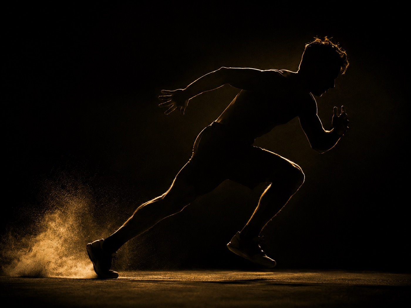 Een sprinter in silhouet, halverwege de pas.